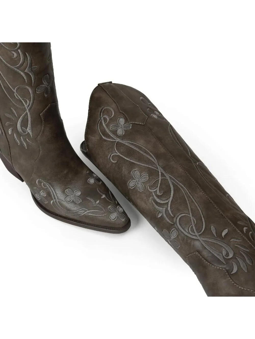 Women's Dark Bronze pu Knee High Floral Embroidered Vintage Cowgirl Boots